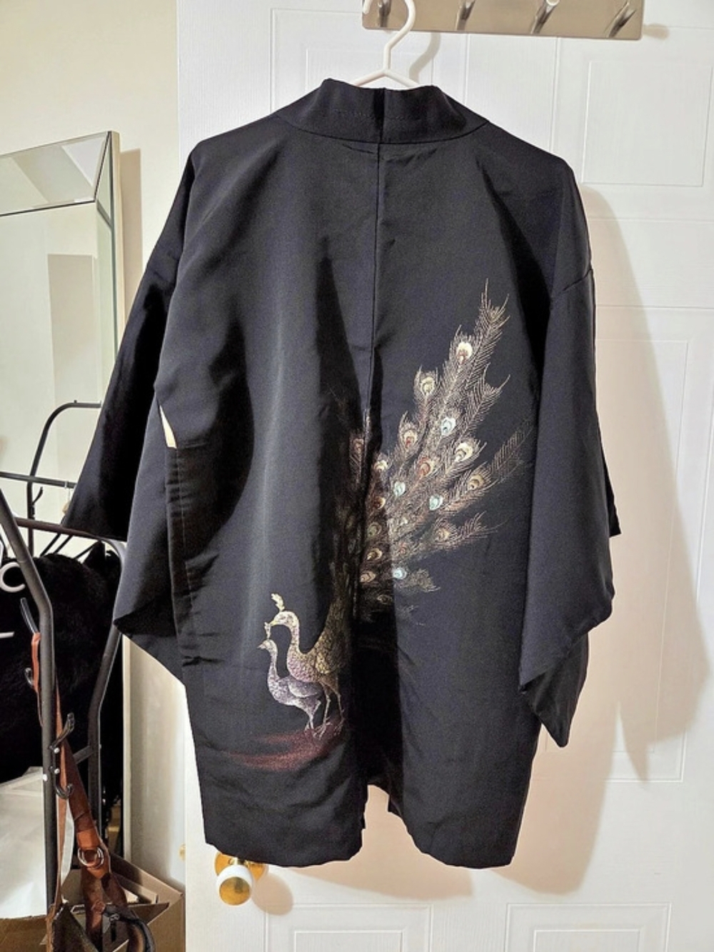 Black Peacock Embroidered Kimono Jacket - Women's short duster .Elegant,timeless